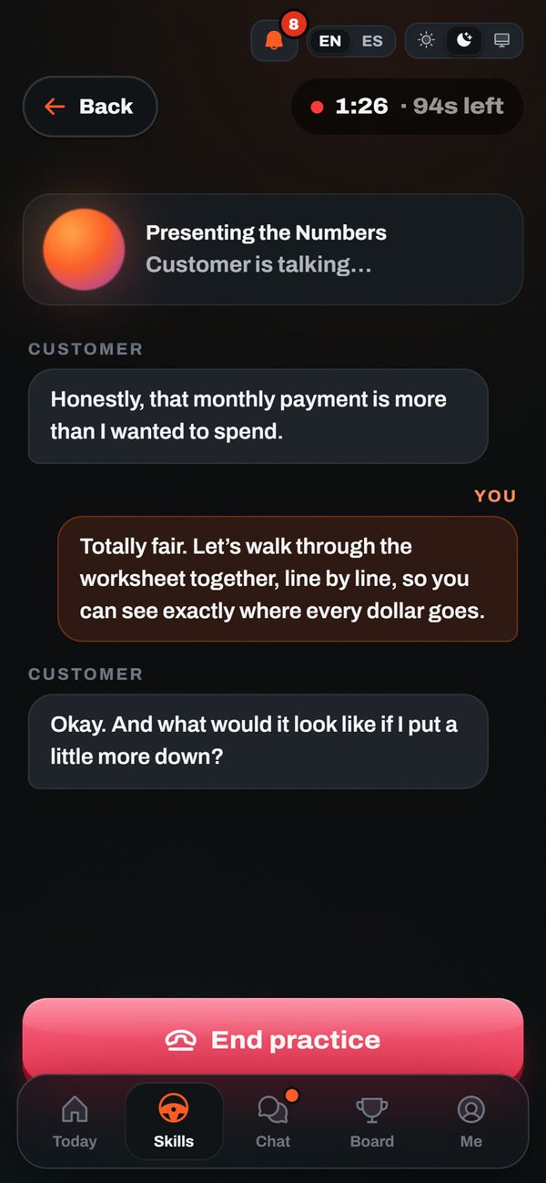A live practice conversation with an AI customer pushing back on the monthly payment